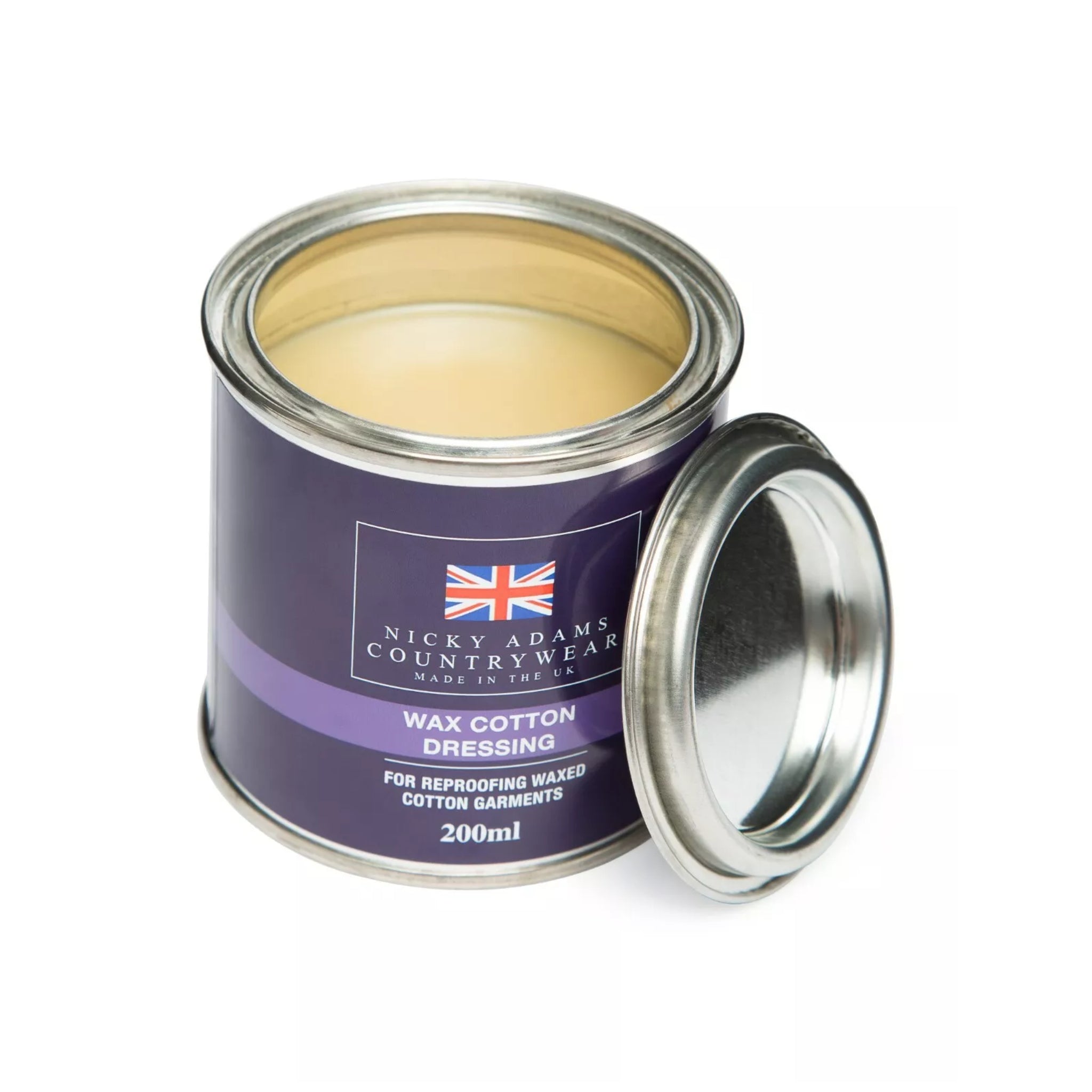 Nicky Adams Countrywear Wax Cotton Dressing ā 200ml tin of reproofing wax for waterproofing and restoring waxed jackets and hats